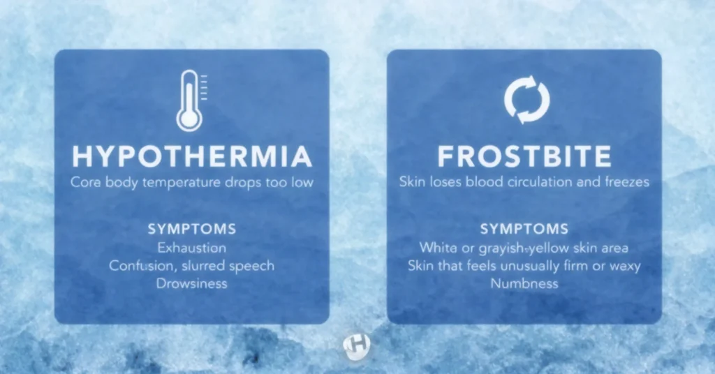 An infographic comparing hypothermia and frostbite. Hypothermia is defined as when the core body temperature drops too low, with symptoms including exhaustion, confusion, slurred speech, and drowsiness. Frostbite is defined as when the skin loses blood circulation and freezes, with symptoms including a white or grayish-yellow skin area, skin that feels unusually firm or waxy, and numbness.